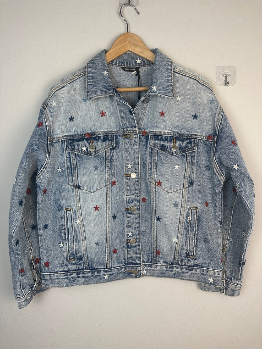 NEW DRIFTWOOD Starry Eyed Denim Blue Jean Jacket Embroidered Stars XL Cotton - Picture 2 of 16